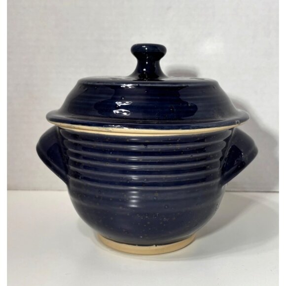 Deep Navy Blue Glazed Stoneware Lidded Bowl Vegetable Steamer Garlic Keeper - Picture 2 of 9